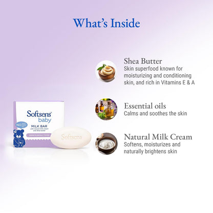 Softsens Baby Milk Bar Soap 100g each x 3 (300g) | Gentle Cleansing & Moisturizing | With Natural Milk Cream & Shea Butter | Dermatologically Tested, Hypoallergenic & Free from Parabens, SLS & SLES