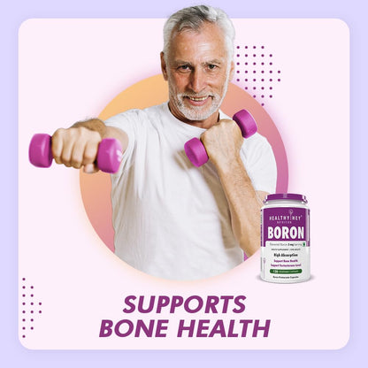 Man lifting weights with a Boron supplement bottle labeled 'Healthy Best' on a light purple background.
