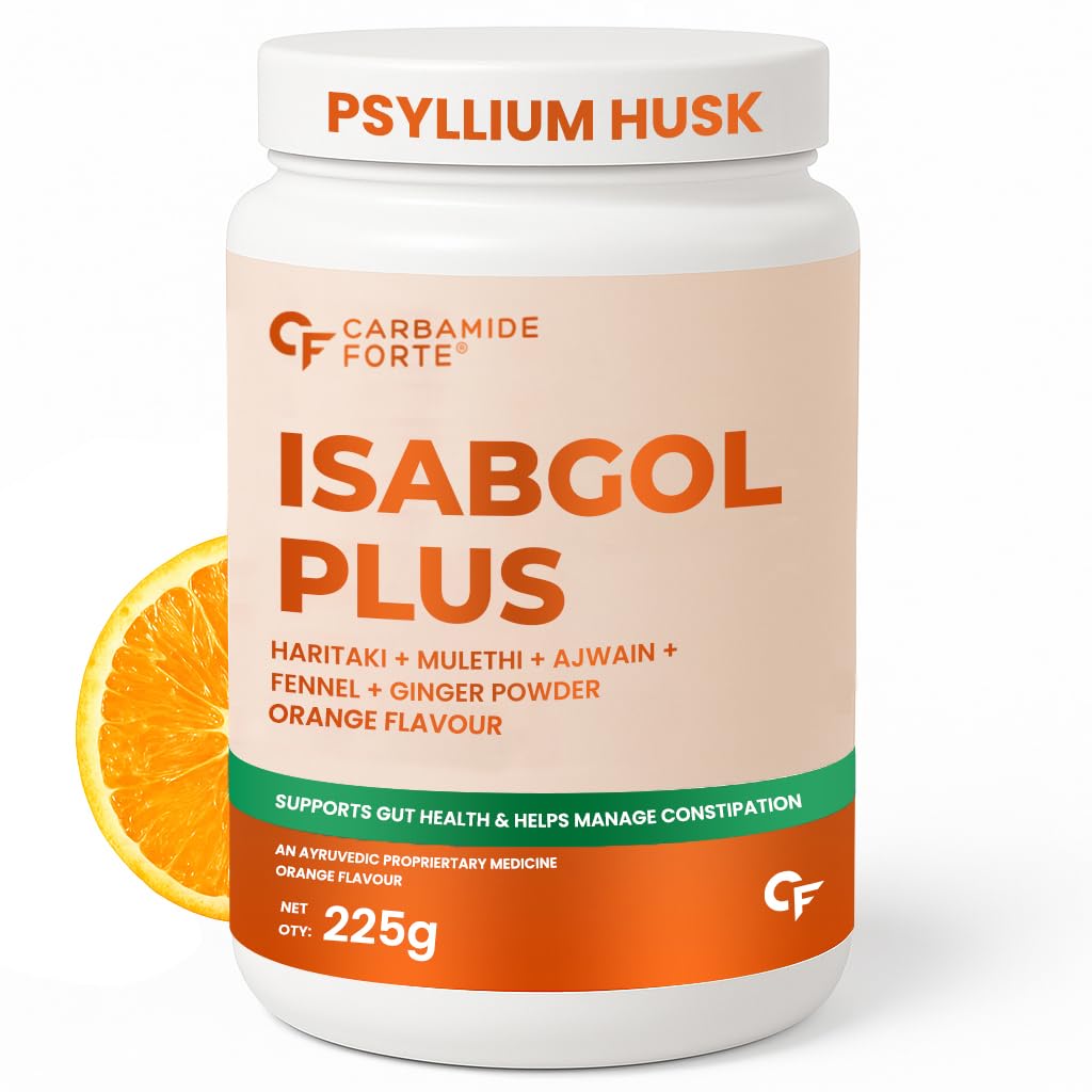 Isabgol Plus supplement container with orange flavor on a white background