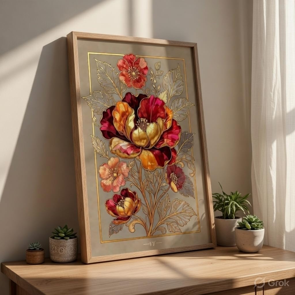 Golden Floral Wall Painting with Wooden Frame | Luxury Flower Artwork HD Wall Decor | Elegant Botanical Wall Art for Living Room Bedroom Office Home Decoration 13.5 Inch x 19.5 Inch