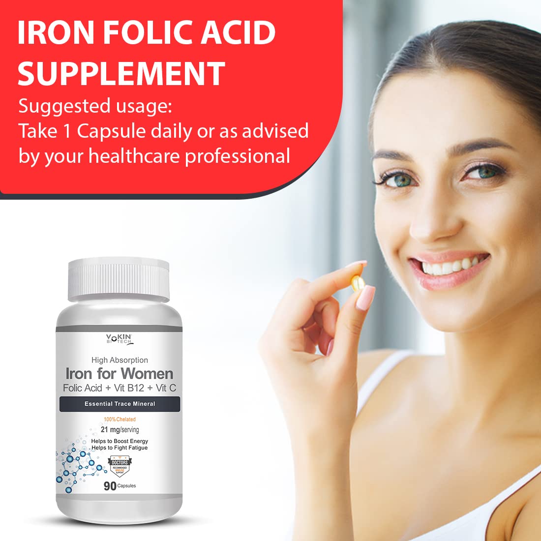 Iron folic acid supplement with a woman holding a capsule and product packaging.