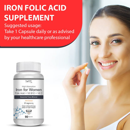 Iron folic acid supplement with a woman holding a capsule and product packaging.