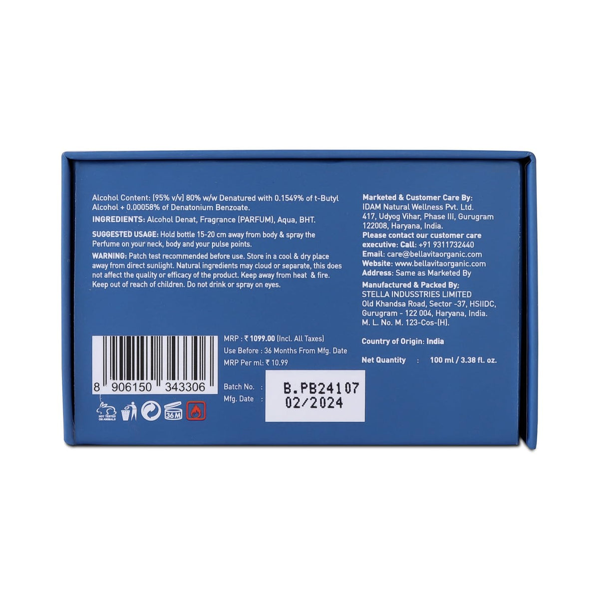 Back label of a blue container with text and barcodes on a white background