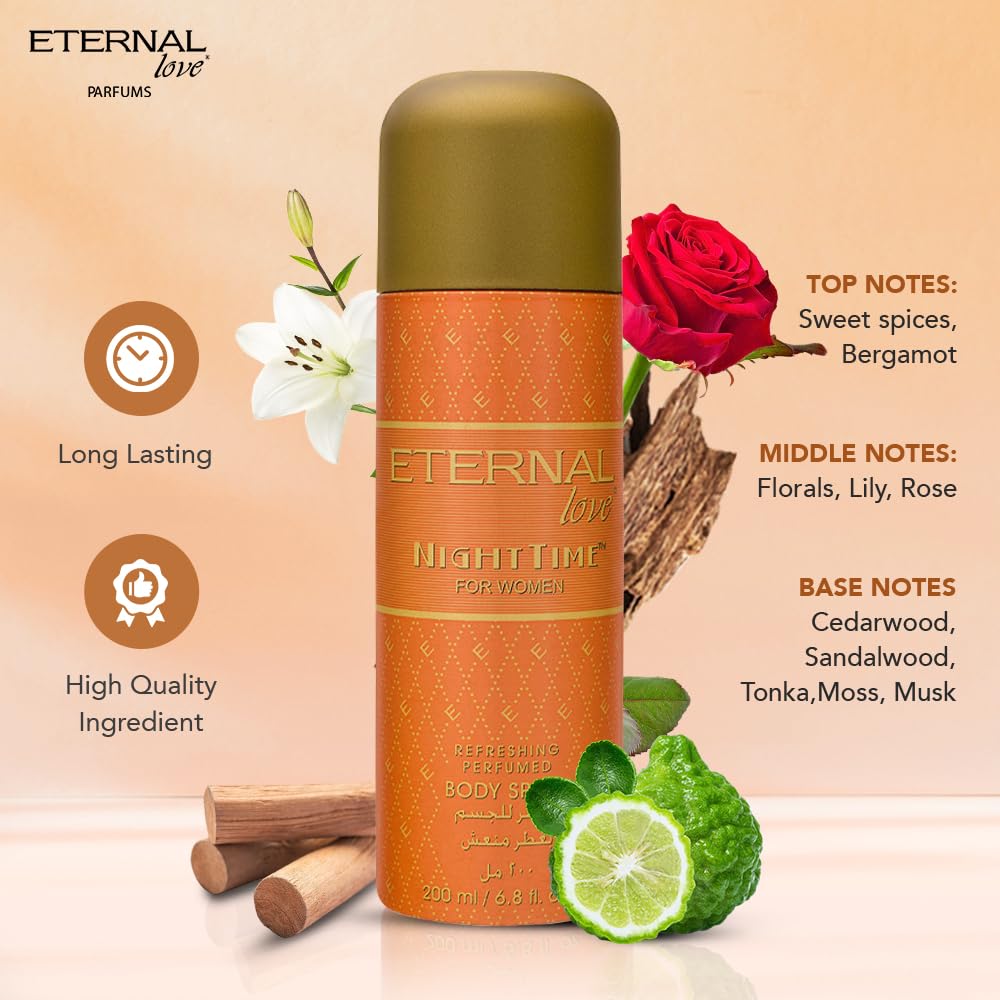 Eternal Love perfume bottle with floral and ingredient elements on a beige background