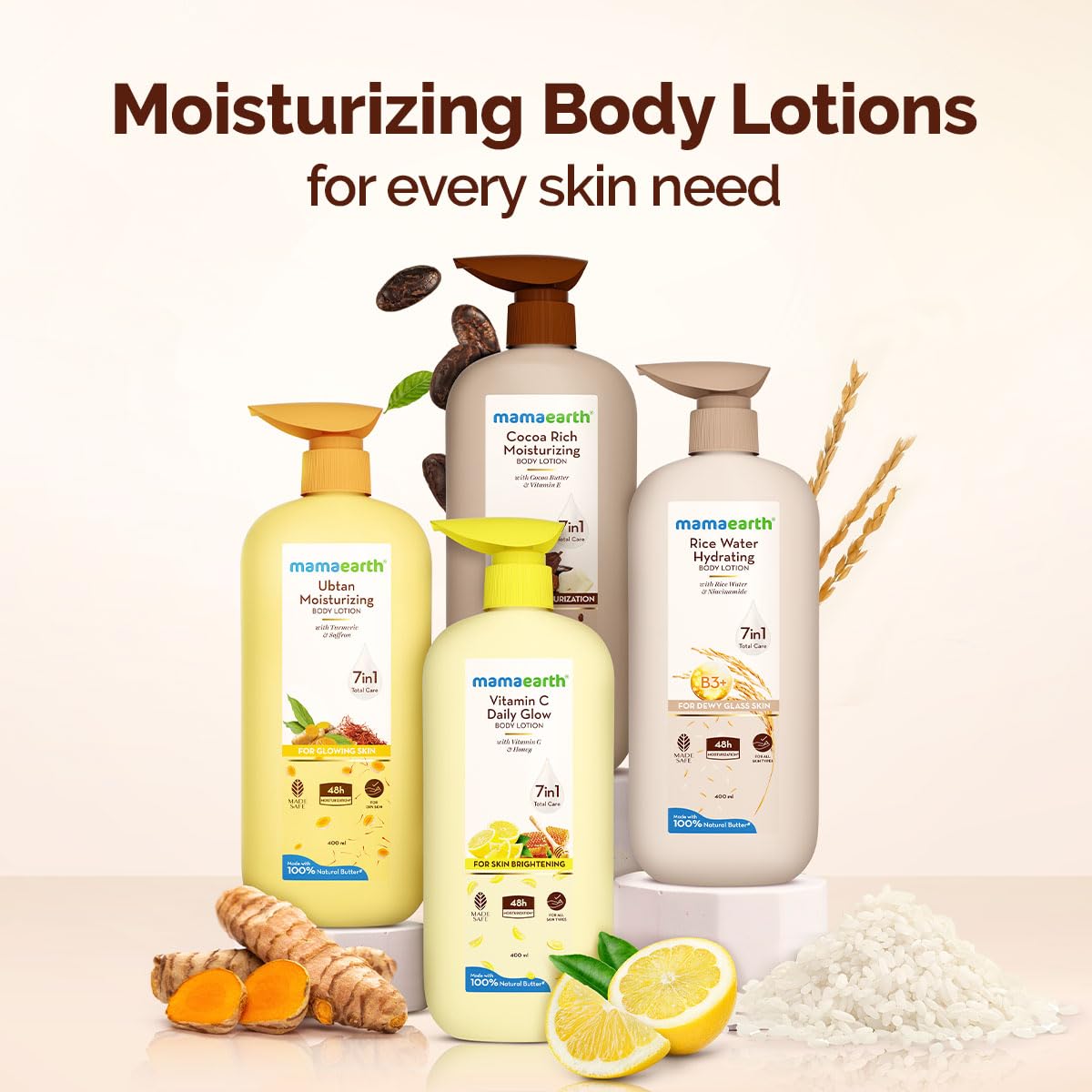 Mamaearth Rice Water Hydrating Body Lotion with Rice Water & Niacinamide for Dewy Glass Skin | 48 Hrs Moisturizating & Nourishing | For Dry Skin | 7 in1 Total Care | 100% Natural Butter | Non Greasy Smooth Skin | 400 ml