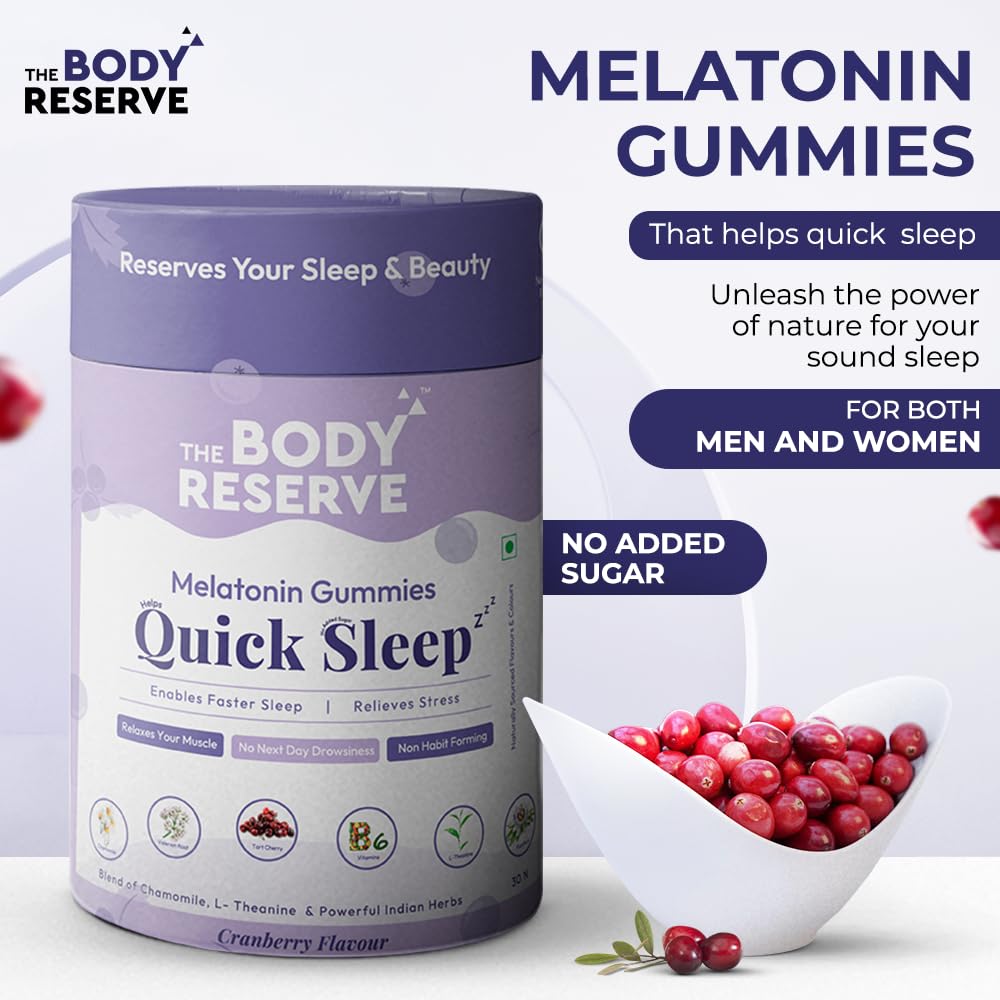 The Body Reserve Melatonin Gummies packaging with cranberries on a white background