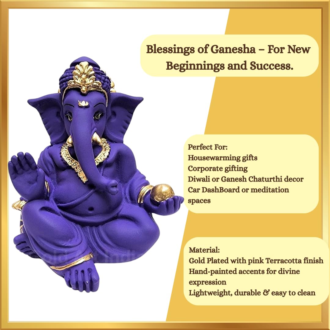 Gold Art India Beautiful Terracotta Ganesha in Violet - A Festive and Auspicious Addition to Your Home or Car(VioletGaddiTerracotta)