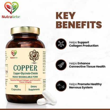 Nutraliebe Copper Glycinate Chelate - High Bioavailability, Supports Collagen Formation and Connective Tissue Health, 90 Capsules