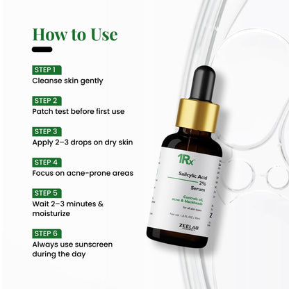 Zeelab 1RX Salicylic Acid 2% Face Serum 30ml | Acne & Pimple Control Serum | Unclogs Pores, Removes Blackheads & Whiteheads | Oil Control & Gentle Exfoliation for Oily & Acne-Prone Skin