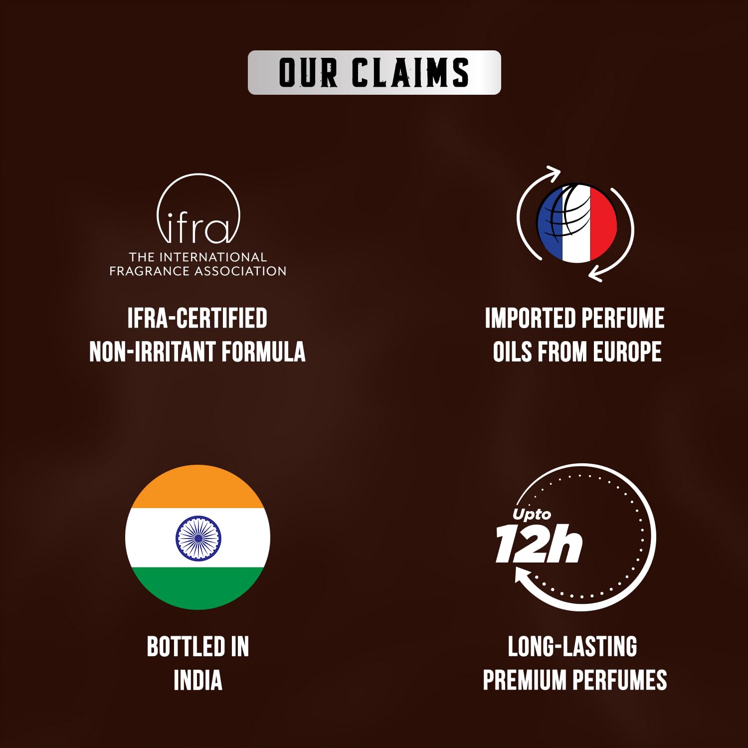 List of product claims with logos and text on a dark background