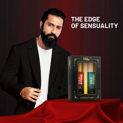 Man in a suit with Wild Stone products on a red and black background