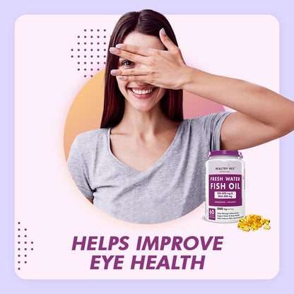 Woman covering her eyes with a fish oil supplement bottle and text about eye health on a light purple background