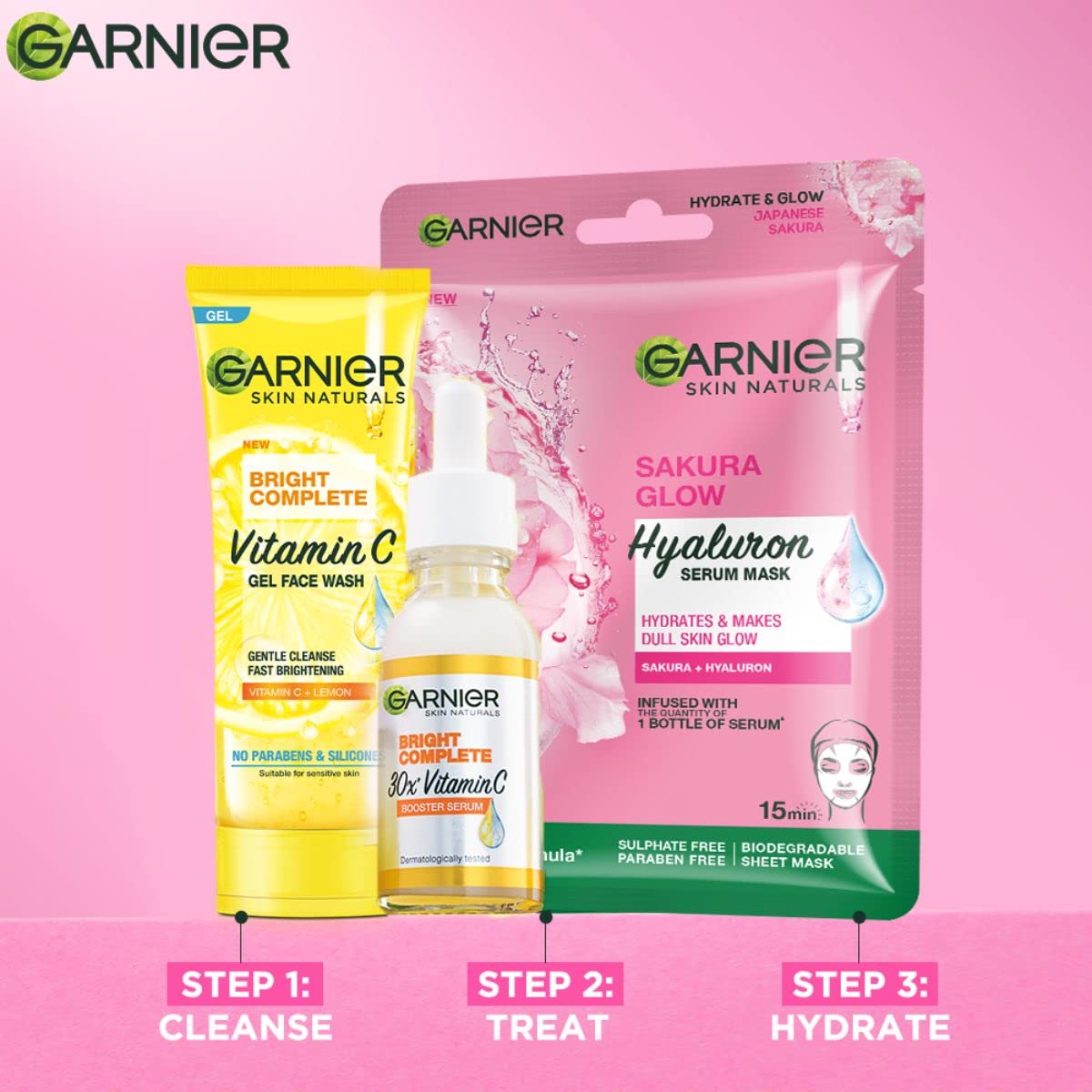 Garnier skincare products on a pink background