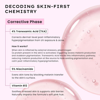 Skincare product description with pink bubbles and text about corrective phase ingredients.