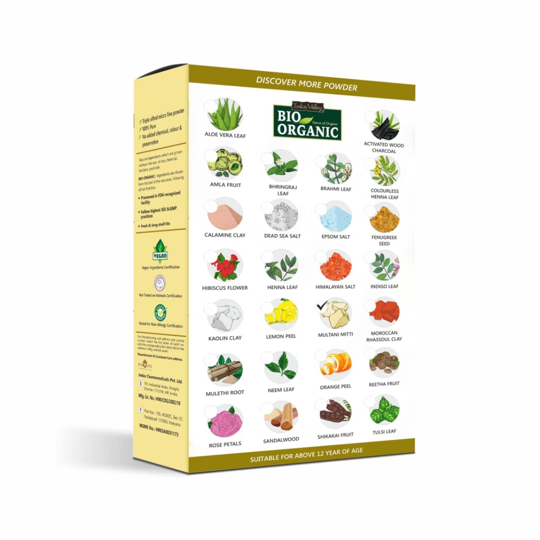 Bio Organic powder packaging with various herbs and plants on a white background
