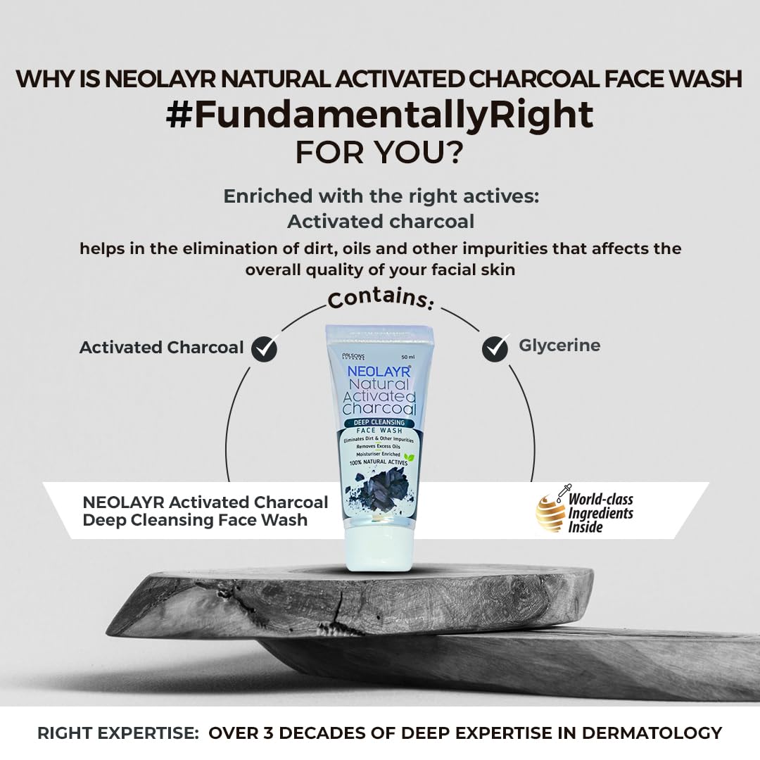 NEOLAYR Natural Activated Charcoal Deep Cleansing Face Wash | Eliminates Dirt & Other Impurities | Removes Excess Oils - Added Moisturiser,50 ml
