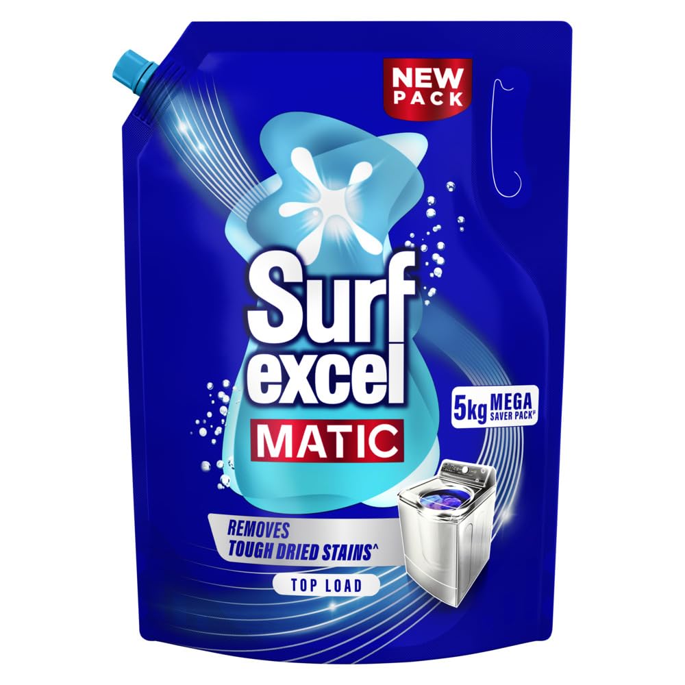Surf Excel Matic Top Load Liquid Detergent 5Kg Refill Pouch, Specially designed to remove Tough Dried Stains, 1st time in Washing Machine