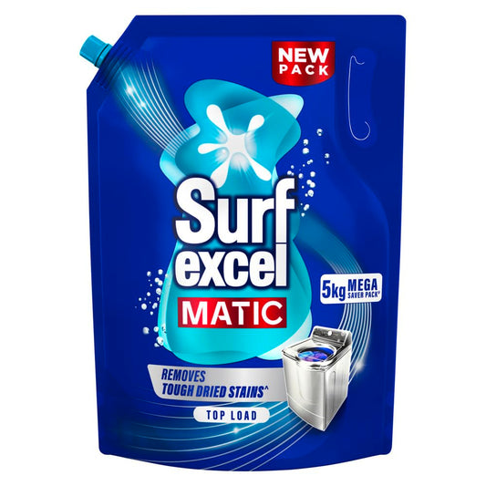 Surf Excel Matic Top Load Liquid Detergent 5Kg Refill Pouch, Specially designed to remove Tough Dried Stains, 1st time in Washing Machine