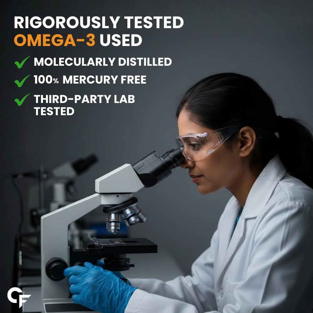 Person in a lab coat using a microscope with text about omega-3 rigorously tested.