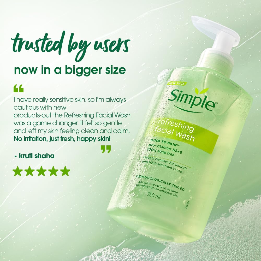 Green bottle of Simple refreshing facial wash with text on a green background