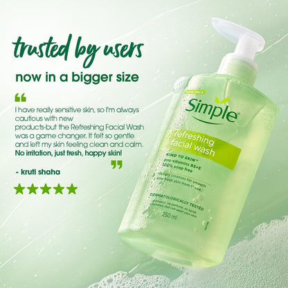 Green bottle of Simple refreshing facial wash with text on a green background