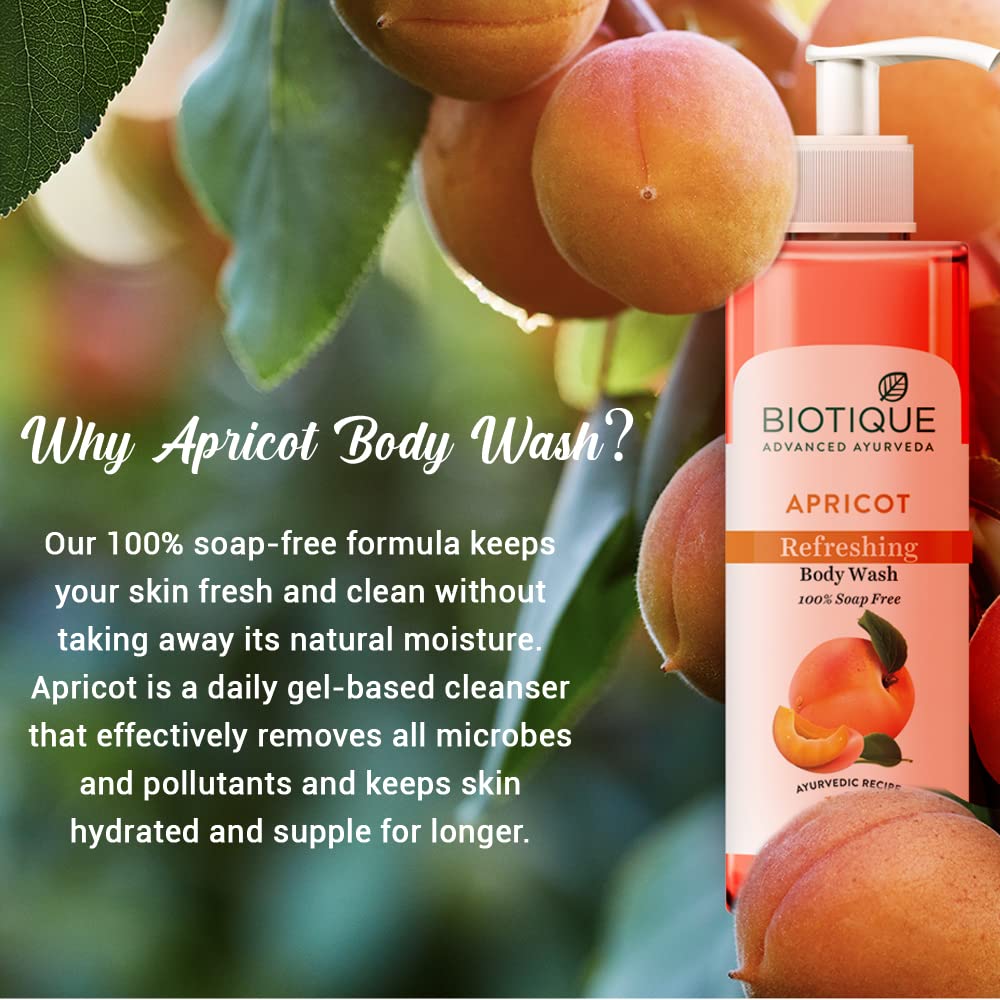 Biotique Apricot Body Wash with apricots and leaves in the background