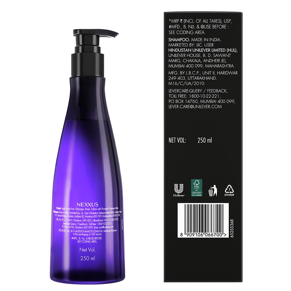Purple shampoo bottle with pump and black label on a white background