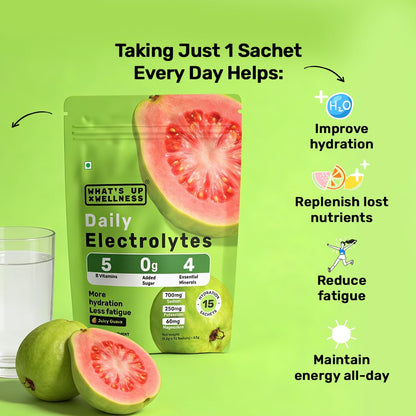 What's Up Wellness Daily Electrolytes Powder - Juicy Guava Flavour | Zero Added Sugar | Instant Hydration - Sodium, Potassium, Magnesium & Zinc | Vegan | 15 Sachets
