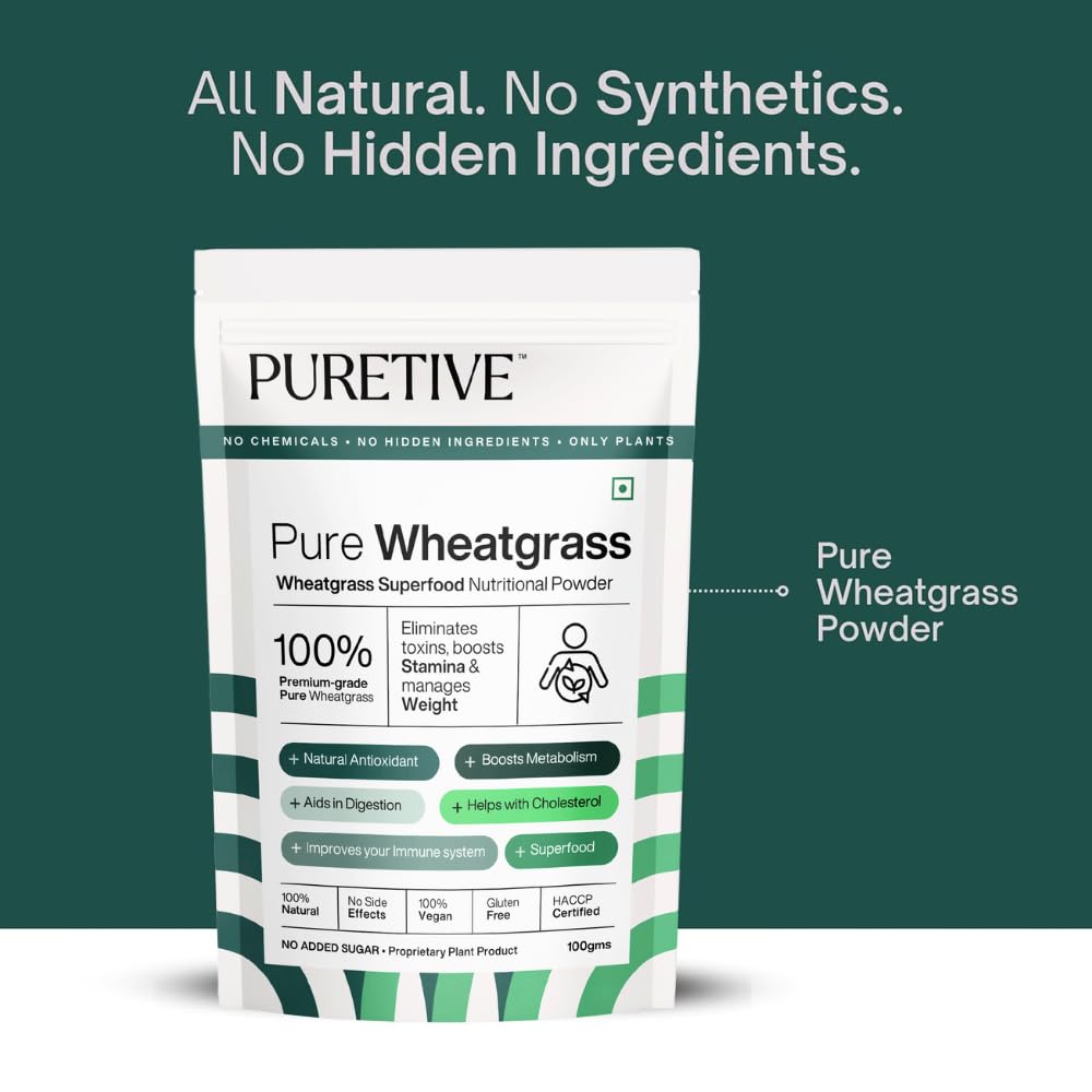 Package of Puretive Pure Wheatgrass powder with text highlighting natural ingredients on a green background