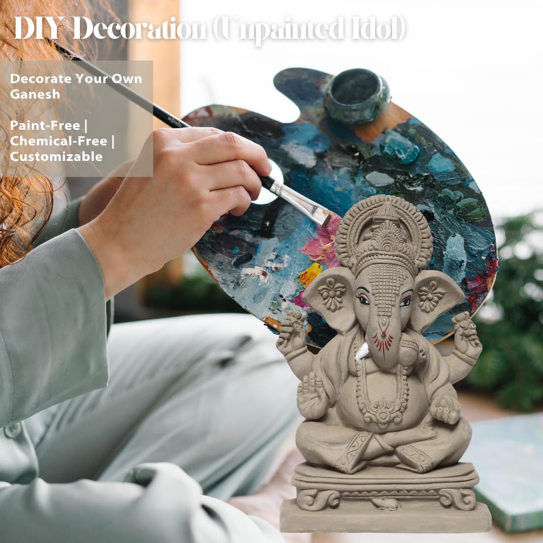 KSI Clay Eco Friendly Ganesha Idol, Ganpati Murti for Home Visarjan, Water Soluble Ganpati Idol (9 Inches, Ekdant Dagdusheth Ganesh Mukut), Beige
