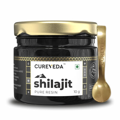 Cureveda shilajit pure resin jar with a gold spoon on a white background