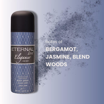 Body spray bottle with product details on a light gray background