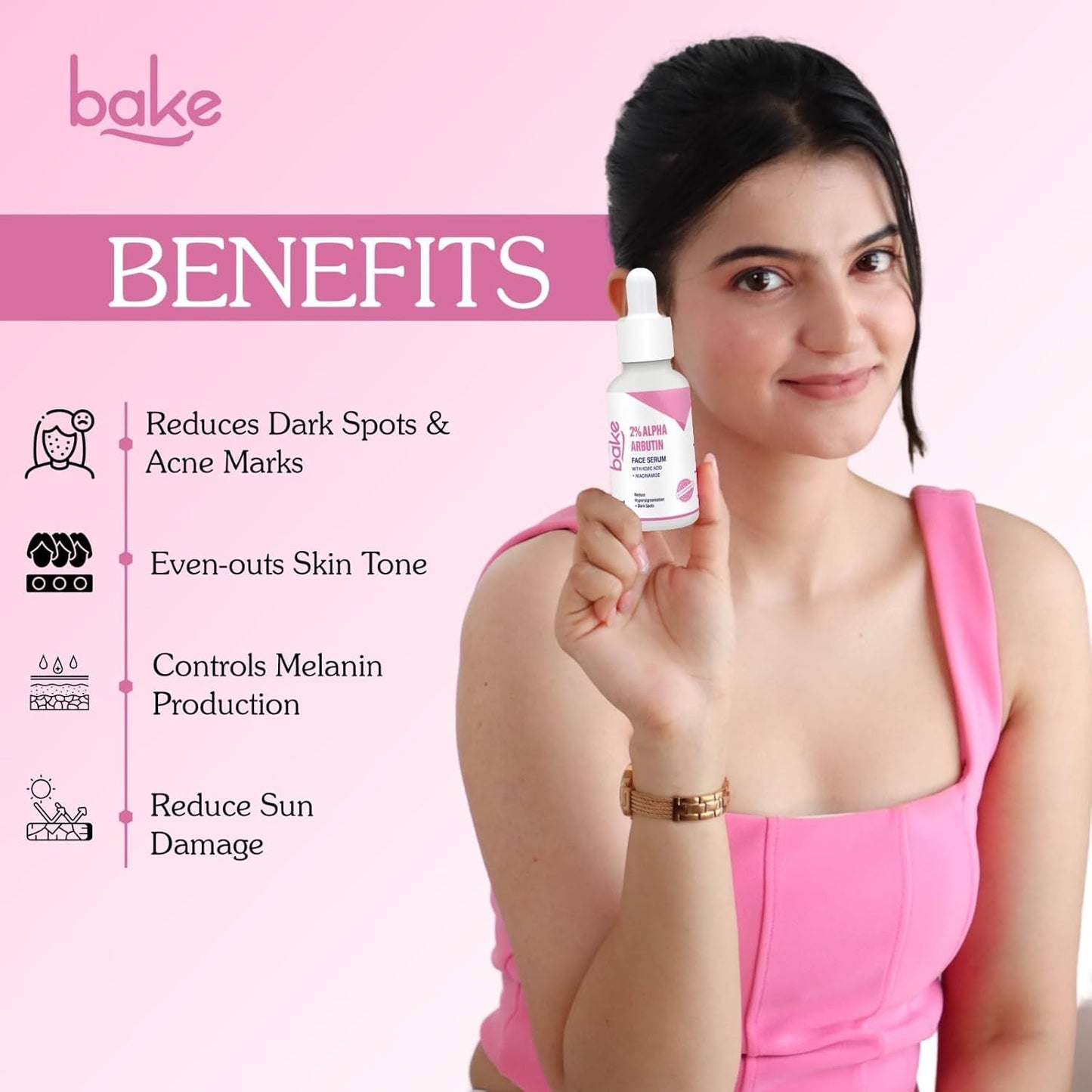 BAKE 2% Alpha Arbutin & Kojic Acid Face Serum Niacinamide for Dark Spots,Pigmentation & Tan Removal | Reduces Dark Spots, Controls Melanin Production & Evens Out Skin Tone | For Men & Women | 30ml