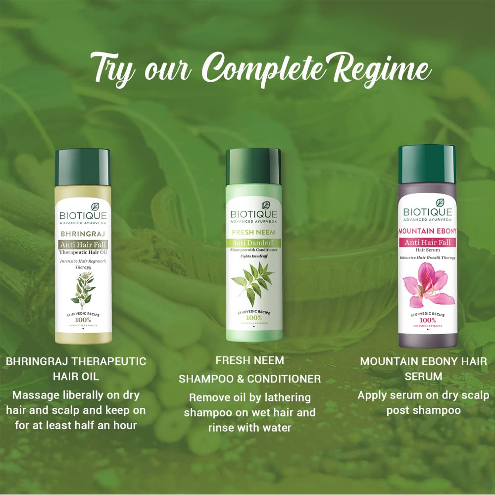 Biotique hair care products with usage instructions on a green leafy background