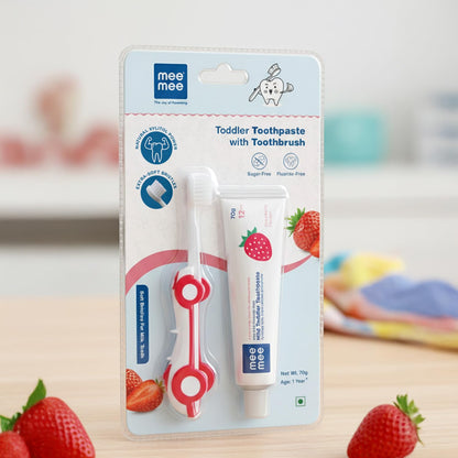 Mee Mee Kids Toothbrush & Toothpaste Combo | For Babies & Toddlers (6 Months–3 Years) | Fluoride-Free, Safe to Swallow, Strawberry Flavour, Soft Bristles, Foldable Car-Shaped Brush (Red)