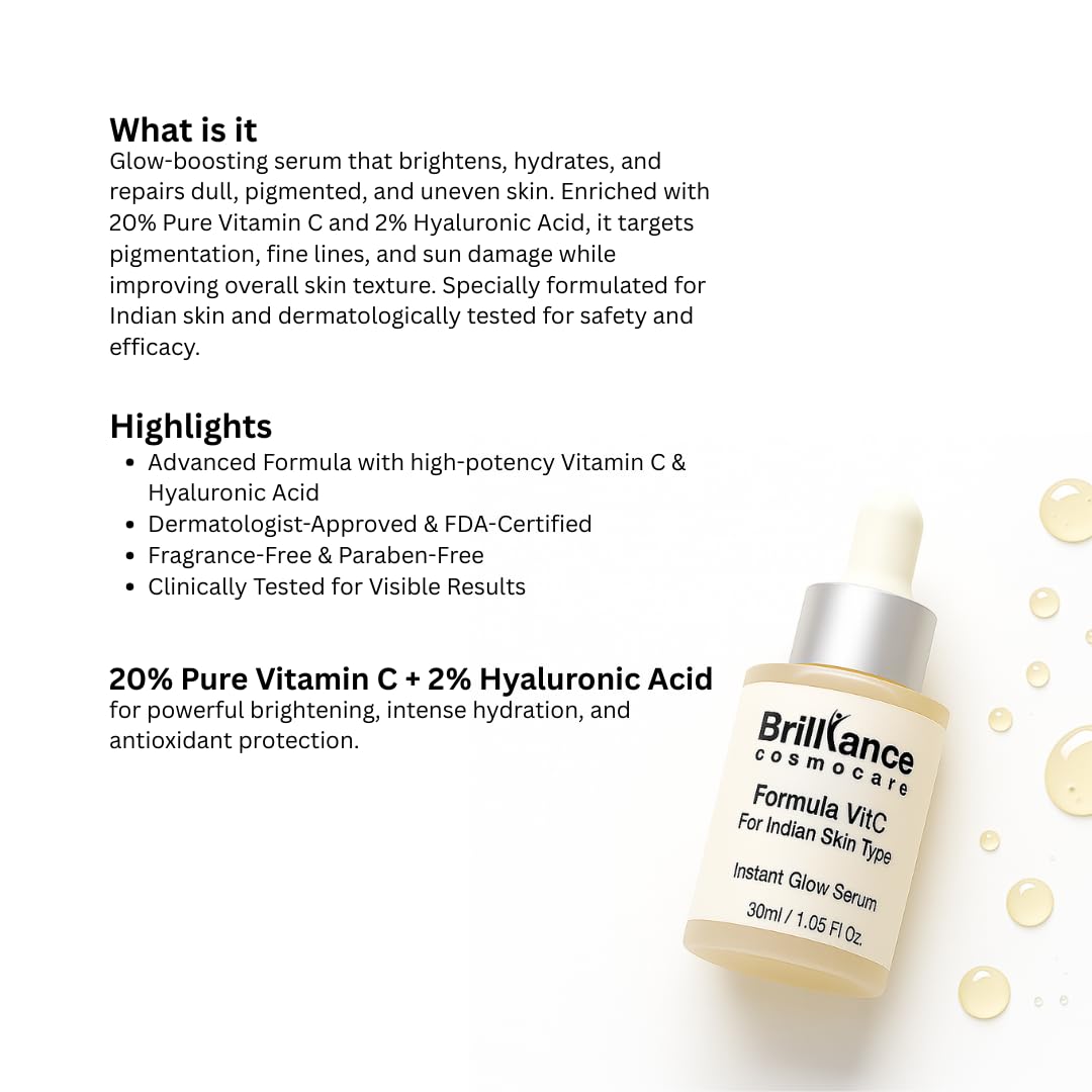 Brilliance Premium Formula VitC Serum | Dermatologist Tested | Vitamin C (AA2G) + Hyaluronic Acid 2% + Niacinamide 5% | For Bright, Glowing & Radiant Skin, Spot Reduction, UV Protection | 30ml