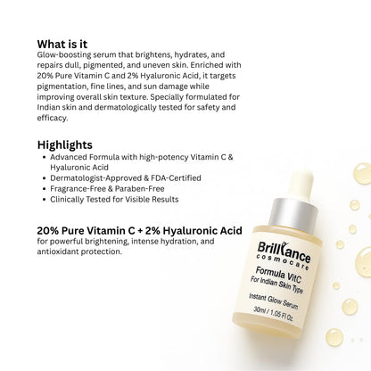 Brilliance Premium Formula VitC Serum | Dermatologist Tested | Vitamin C (AA2G) + Hyaluronic Acid 2% + Niacinamide 5% | For Bright, Glowing & Radiant Skin, Spot Reduction, UV Protection | 30ml