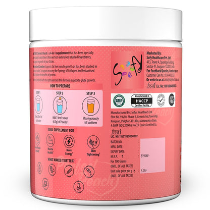 Supplement container with pink label and white lid on a white background