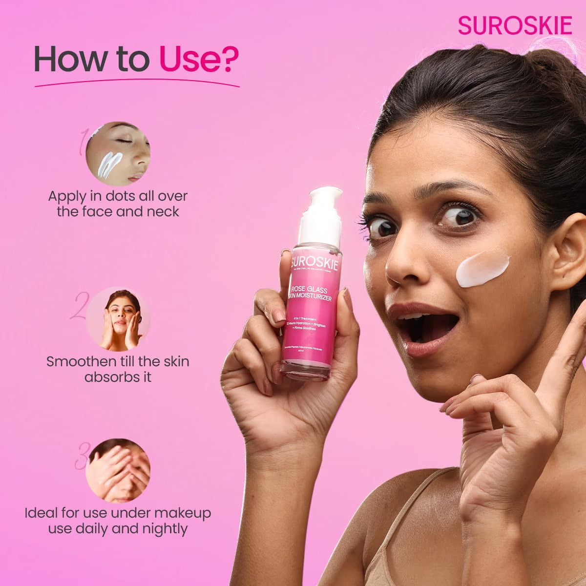 Suroskie Rose Glass Skin Moisturizer 50Ml | Enriched With Collagen, Ceramides & Polyglutamic | 4 In 1 Moisturizer, Glowing, Hydrating & Refreshing Skin | All Skin Types | Skin Care For Women