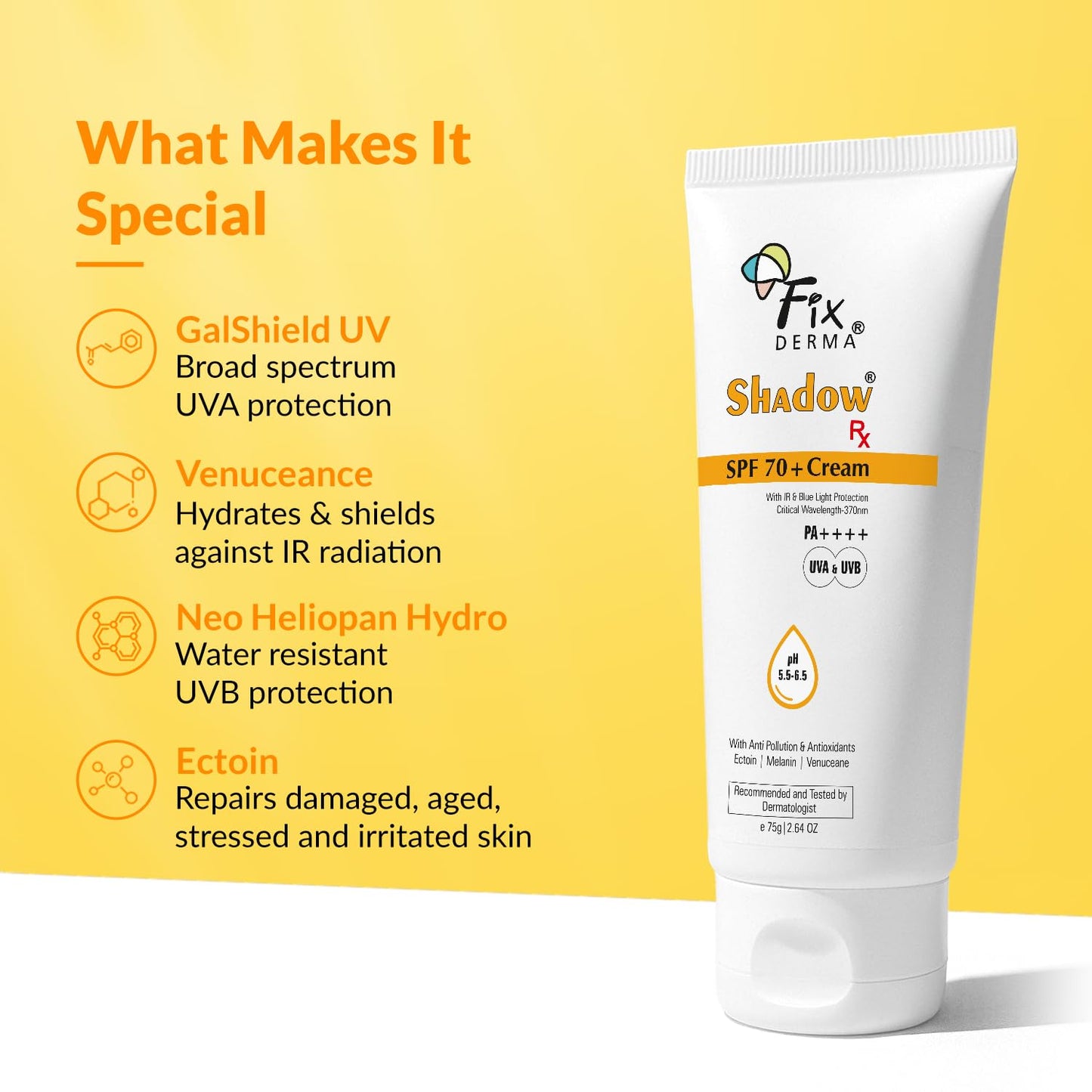 Fixderma Shadow Sunscreen SPF 70+ Cream PA++++ | Sunscreen for Dry Skin | Sunblock SPF 70 | Hybrid with UVA & UVB Filters, Antioxidants, IR Protection and Blue Light Protection - 75gm