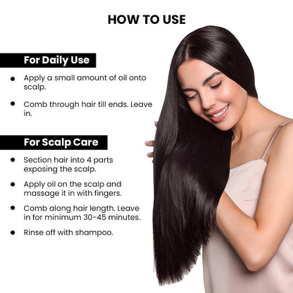 Woman with long, straight hair holding her head, with instructions on how to use a hair care product.