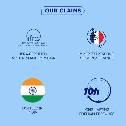 List of perfume product claims including IFRA certification, imported oils from France, bottling in India, and long-lasting duration.
