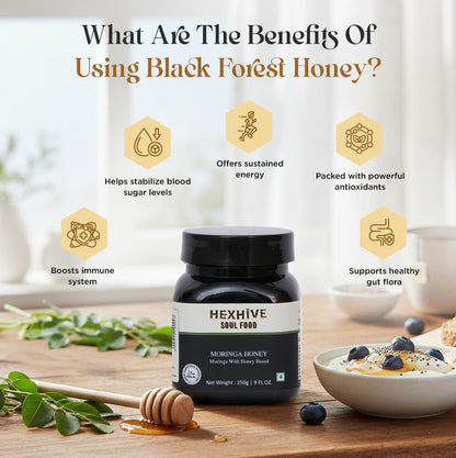 Hexhive Moringa Honey jar with benefits listed on a wooden surface