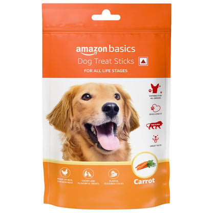 Amazon Basics Dog Treat Sticks 140 gm, Chewy Meat Sticks for Adult Dogs and Puppies, High Protein Dog Treats for Training and Snacks, Made of Real Chicken Meat, Ziplock Pack, Carrot Flavor