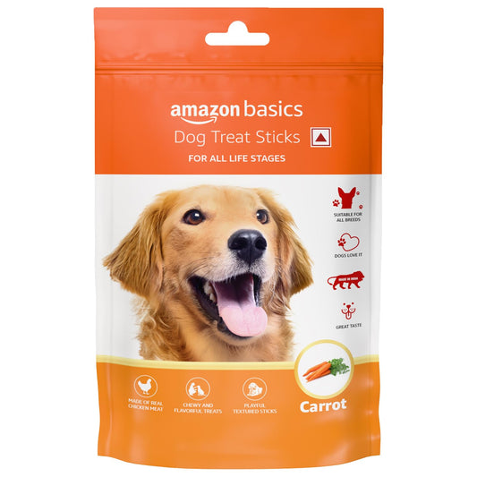 Amazon Basics Dog Treat Sticks 140 gm, Chewy Meat Sticks for Adult Dogs and Puppies, High Protein Dog Treats for Training and Snacks, Made of Real Chicken Meat, Ziplock Pack, Carrot Flavor