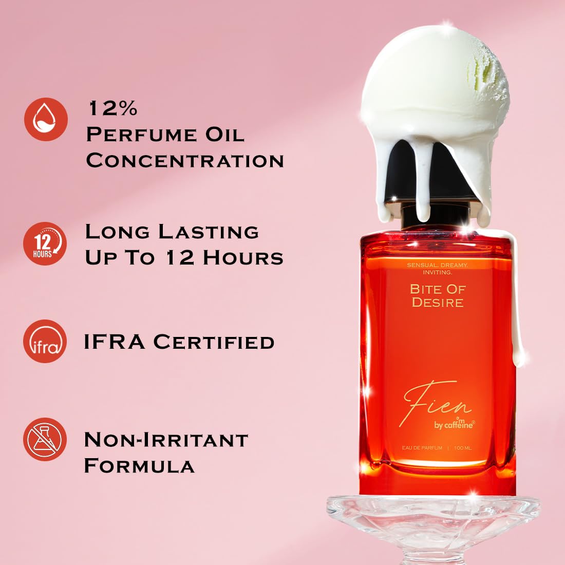 Perfume bottle with ice cream on top against a pink background, featuring product details.