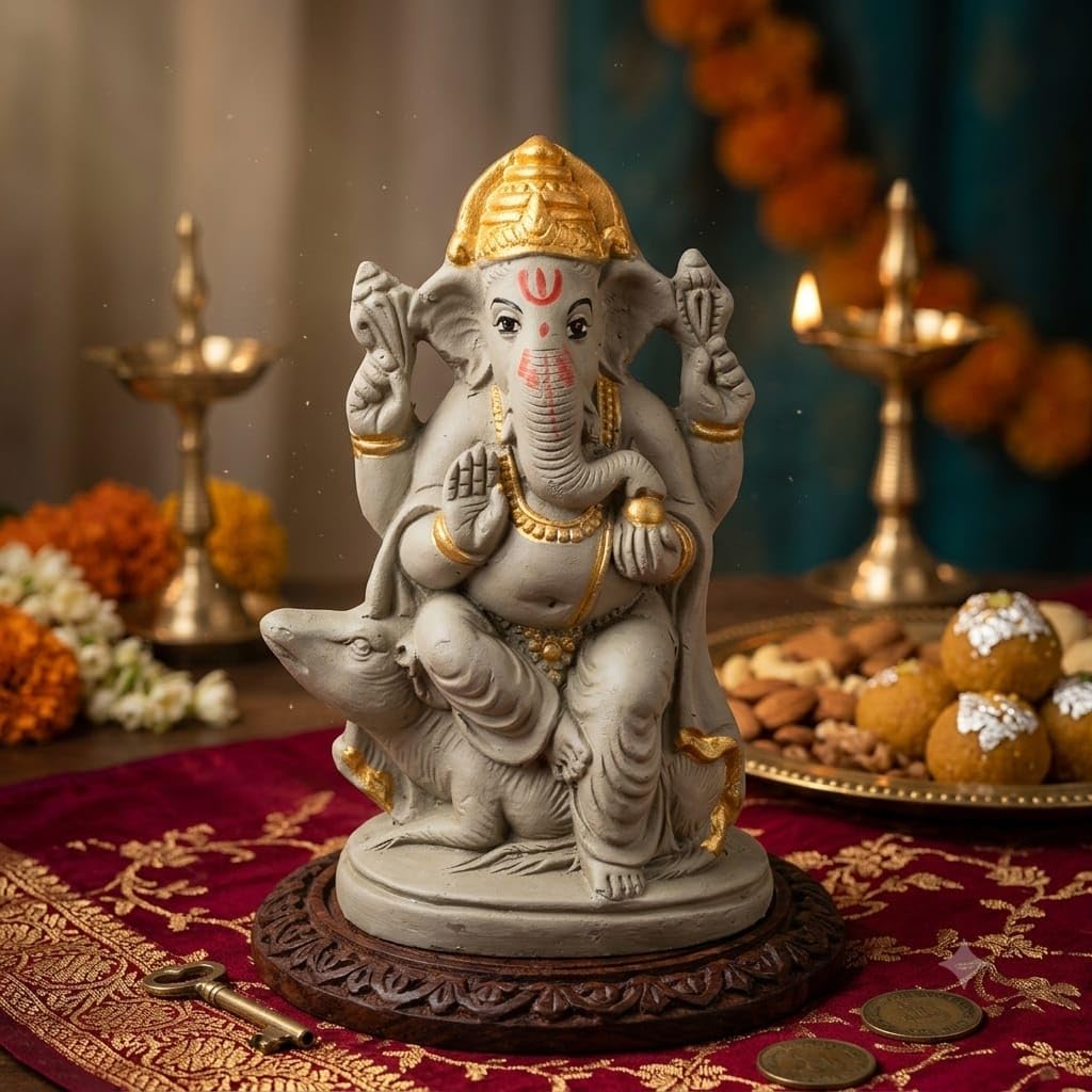 SAUDEEP INDIA Handmade Mitti Ganesh Idol with Real Gold Polish On Mukut | Eco-Friendly Handcrafted Mud/Clay Ganesh Murti | Ganpati Figurine for Visarjan | Biodegradable Mushak Ganesha Statue