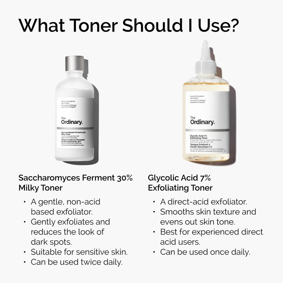 Two skincare toner bottles with product details on a white background