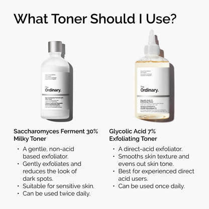 Two skincare toner bottles with product details on a white background