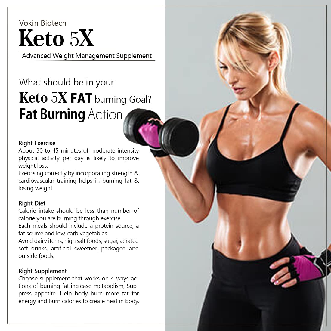 Woman lifting weights with text about Keto 5X weight management supplement